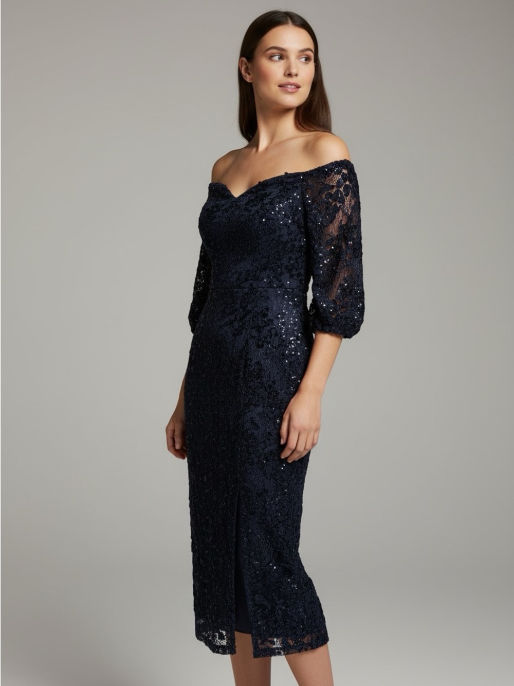New Xscape Off-Shoulder Navy Sequin Lace Midi Dress size 12